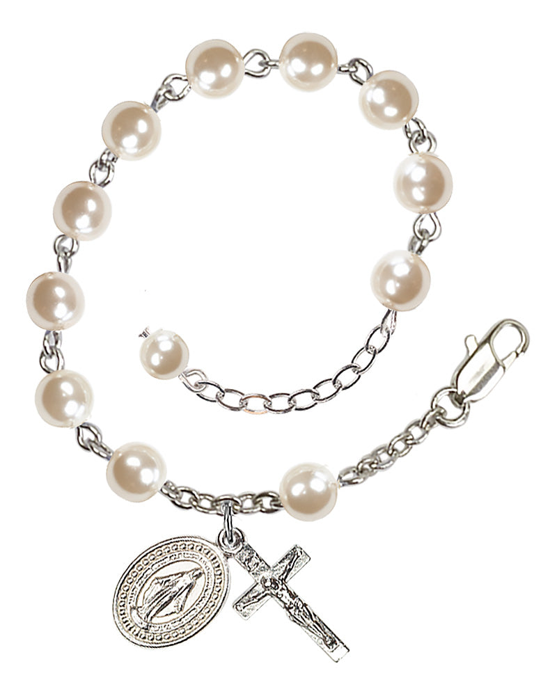 6mm Cream Pearl Miraculous Rosary Bracelet - Silver Plate