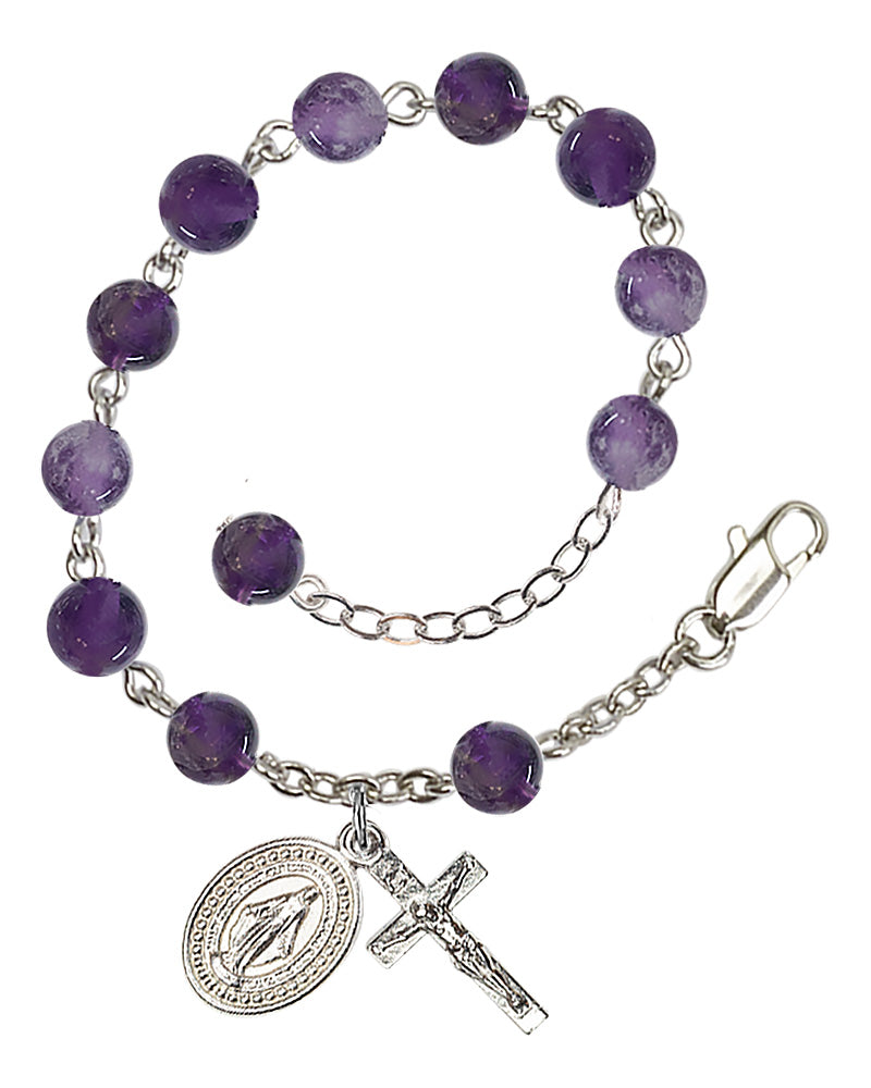 Miraculous Medal Semi-Precious Stone Rosary Bracelet - Silver Plate - Amethyst