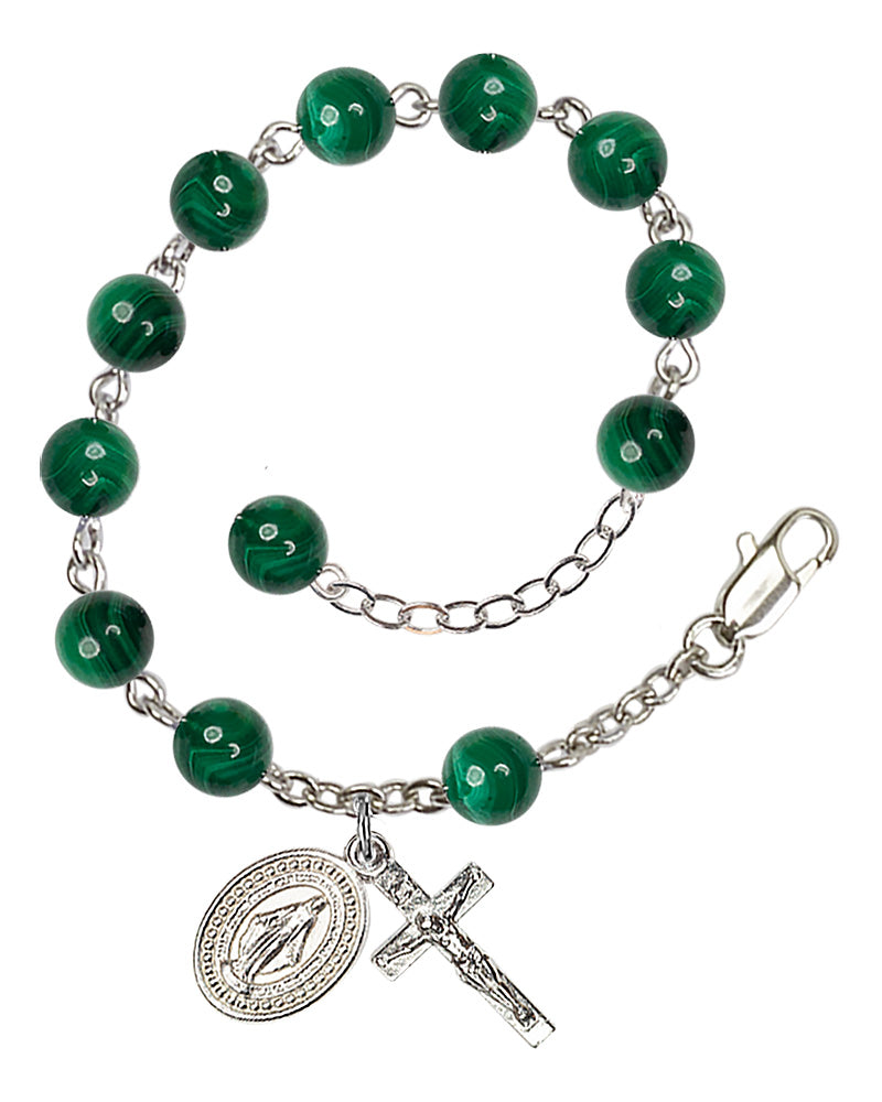 Miraculous Medal Semi-Precious Stone Rosary Bracelet - Silver Plate - Malachite