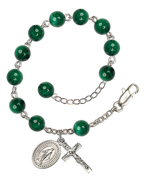 Miraculous Medal Semi-Precious Stone Rosary Bracelet - Silver Plate - Malachite