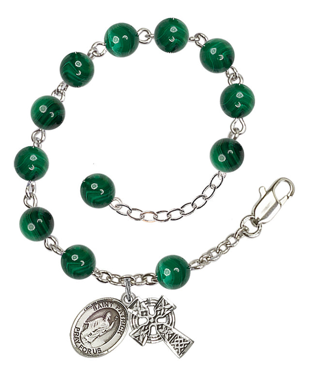 Saint Patrick Malachite Rosary Bracelet - Silver Plate