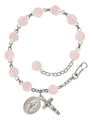 Miraculous Medal Semi-Precious Stone Rosary Bracelet - Silver Plate - Pink Quartz