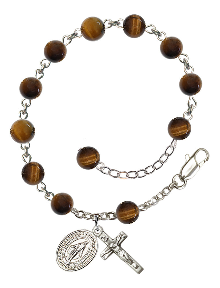 Miraculous Medal Semi-Precious Stone Rosary Bracelet - Silver Plate - Tiger Eye