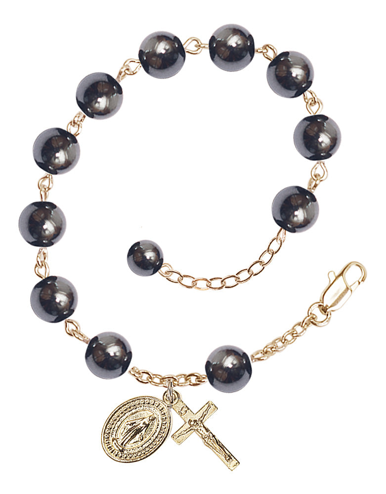 8mm Onyx and Hematite Miraculous Rosary Bracelet - Gold Plate - Hematite