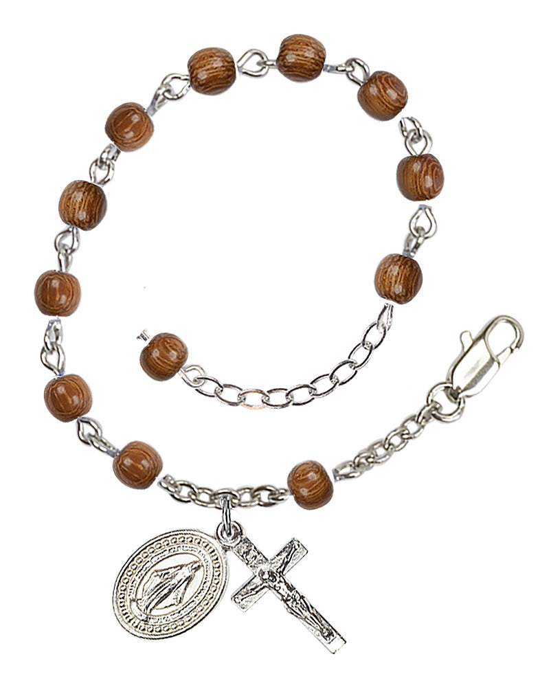 4mm Wood Bead Miraculous Rosary Bracelet RB0940 - Silver Plate