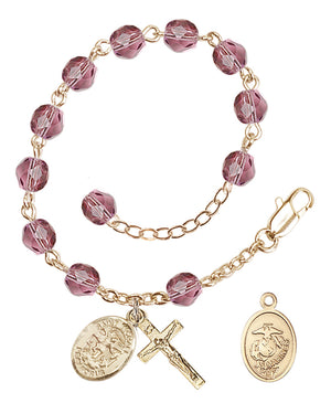 Saint Michael Marines Rosary Bracelet, 6mm Fire Polished - Gold Plate - Amethyst