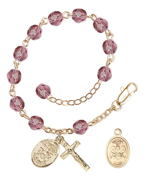 Saint Michael National Guard Rosary Bracelet, 6mm Fire Polished - Gold Plate - Amethyst