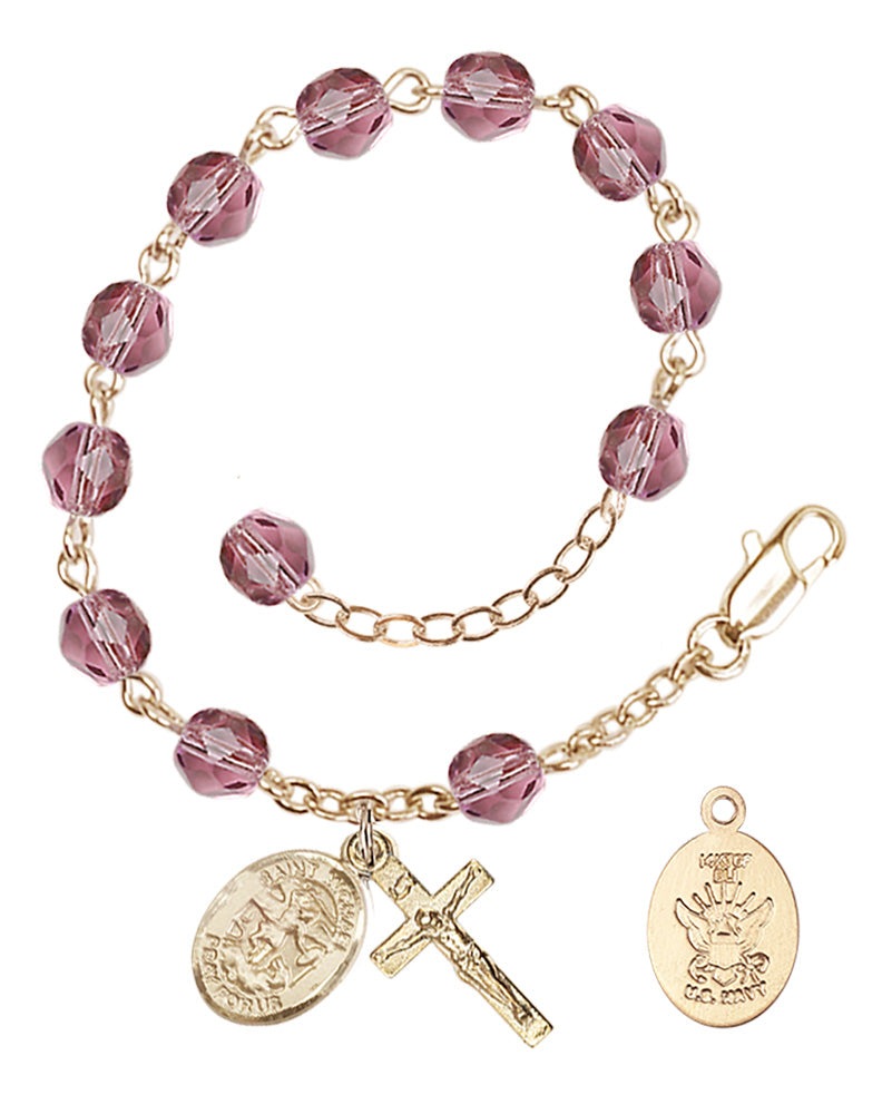 Saint Michael Navy Rosary Bracelet, 6mm Fire Polished - Gold Plate - Amethyst