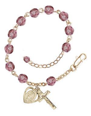 6mm Fire Polished Miraculous Heart Rosary Bracelet - Gold Plate - February - Amethyst