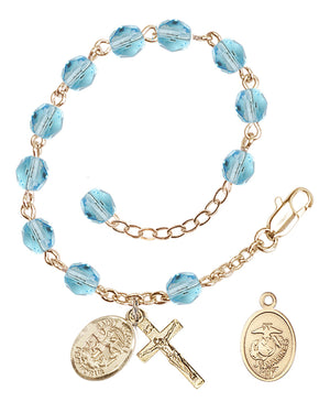 Saint Michael Marines Rosary Bracelet, 6mm Fire Polished - Gold Plate - Aqua