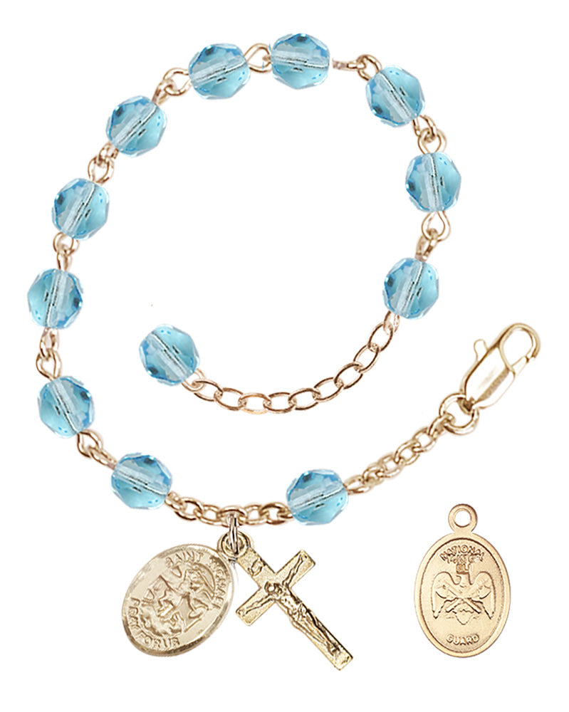 Saint Michael National Guard Rosary Bracelet, 6mm Fire Polished - Gold Plate - Aqua