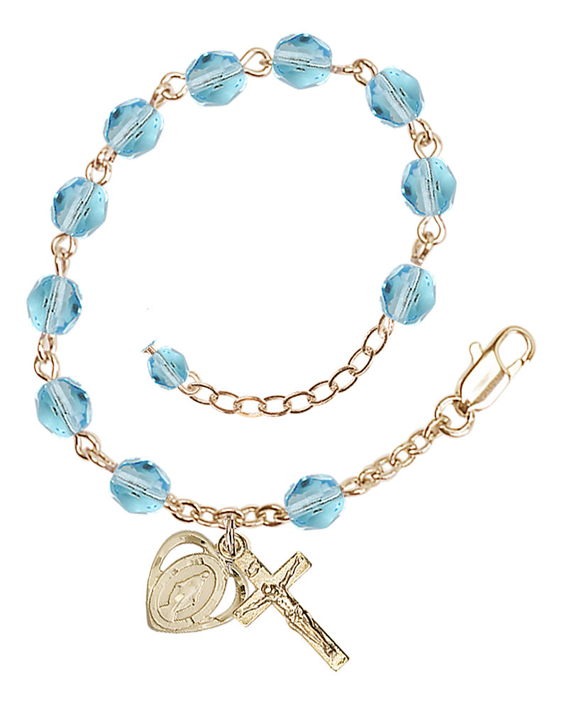 6mm Fire Polished Miraculous Heart Rosary Bracelet - Gold Plate - March - Aqua