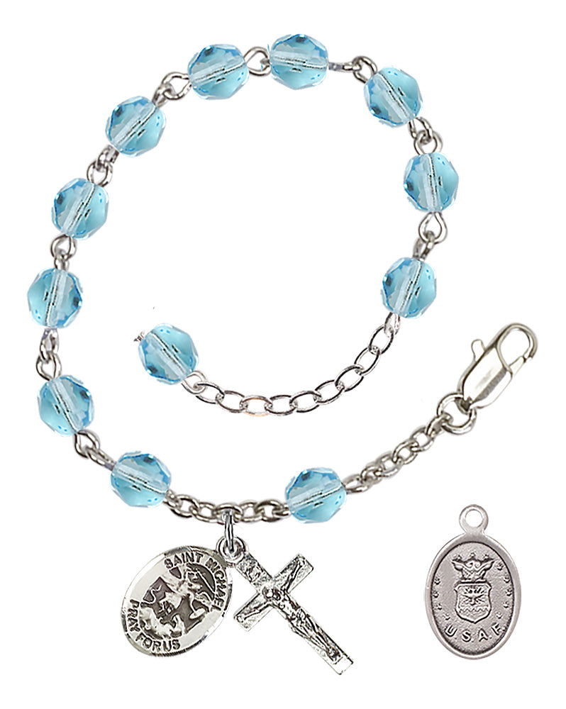 Saint Michael Air Force Rosary Bracelet, 6mm Fire Polished - Silver Plate - Aqua