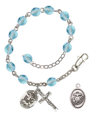 Saint Michael Marines Rosary Bracelet, 6mm Fire Polished - Silver Plate - Aqua