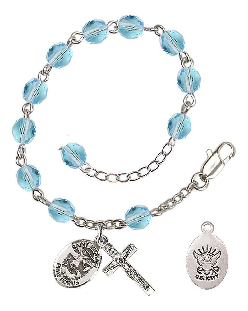 Saint Michael Navy Rosary Bracelet, 6mm Fire Polished - Silver Plate - Aqua
