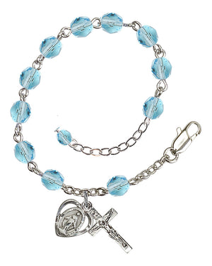 6mm Fire Polished Miraculous Heart Rosary Bracelet - Silver Plate - March - Aqua