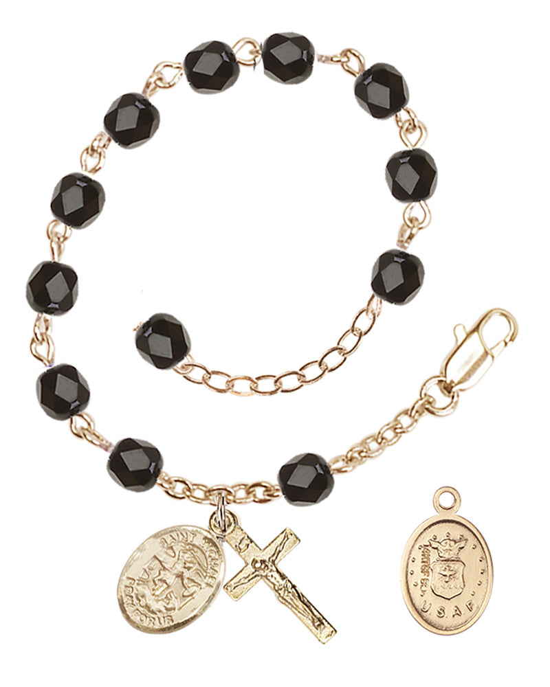 Saint Michael Air Force Rosary Bracelet, 6mm Fire Polished - Gold Plate - Black