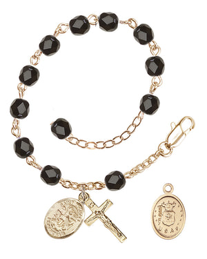 Saint Michael Air Force Rosary Bracelet, 6mm Fire Polished - Gold Plate - Black