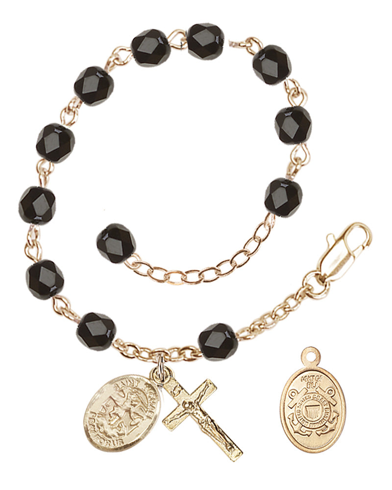 Saint Michael Coast Guard Rosary Bracelet, 6mm Fire Polished - Gold Plate - Black