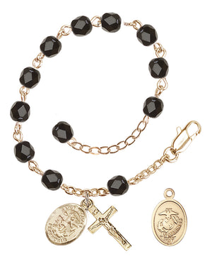 Saint Michael Marines Rosary Bracelet, 6mm Fire Polished - Gold Plate - Black