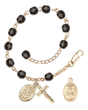 Saint Michael National Guard Rosary Bracelet, 6mm Fire Polished - Gold Plate - Black