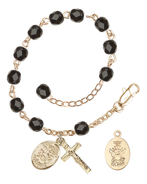 Saint Michael Navy Rosary Bracelet, 6mm Fire Polished - Gold Plate - Black