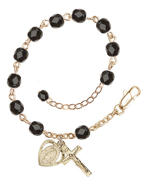 6mm Fire Polished Miraculous Heart Rosary Bracelet - Gold Plate - Black