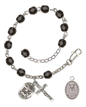 Saint Michael Air Force Rosary Bracelet, 6mm Fire Polished - Silver Plate - Black