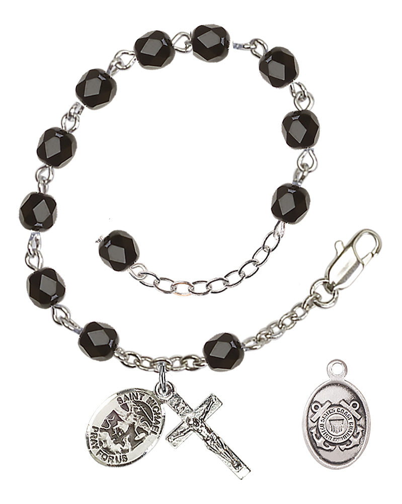 Saint Michael Coast Guard Rosary Bracelet, 6mm Fire Polished - Silver Plate - Black