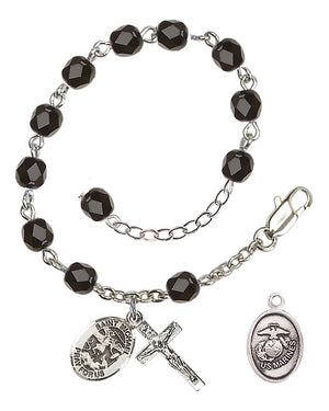 Saint Michael Marines Rosary Bracelet, 6mm Fire Polished - Silver Plate - Black