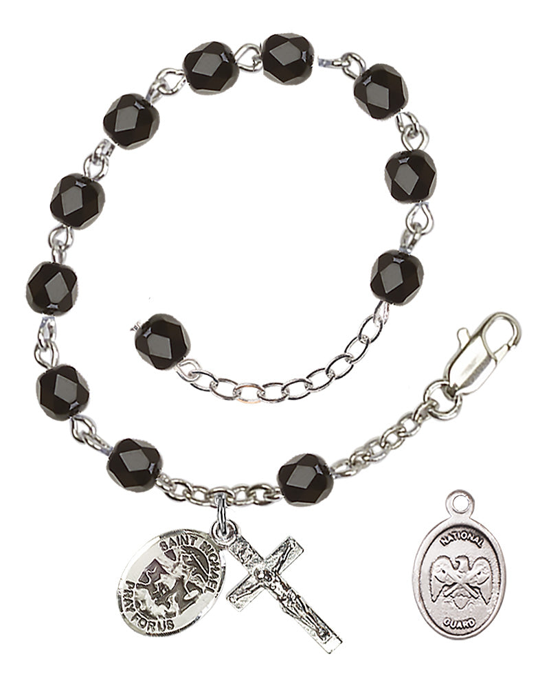 Saint Michael National Guard Rosary Bracelet, 6mm Fire Polished - Silver Plate - Black