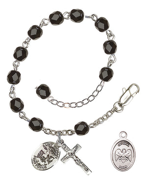Saint Michael National Guard Rosary Bracelet, 6mm Fire Polished - Silver Plate - Black
