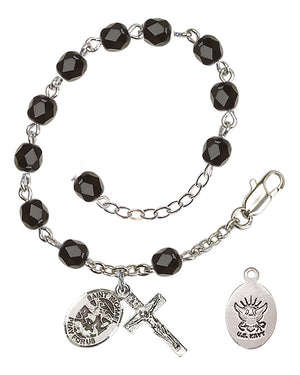 Saint Michael Navy Rosary Bracelet, 6mm Fire Polished - Silver Plate - Black