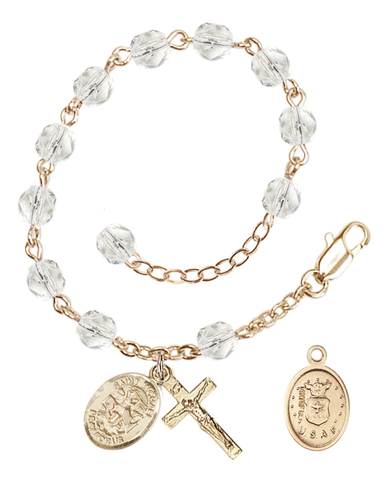 Saint Michael Air Force Rosary Bracelet, 6mm Fire Polished - Gold Plate - Crystal