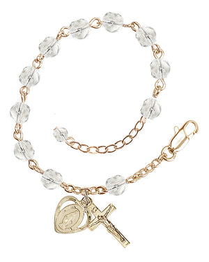 6mm Fire Polished Miraculous Heart Rosary Bracelet - Gold Plate - April - Crystal