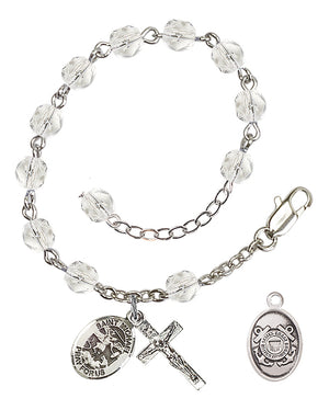 Saint Michael Coast Guard Rosary Bracelet, 6mm Fire Polished - Silver Plate - Crystal