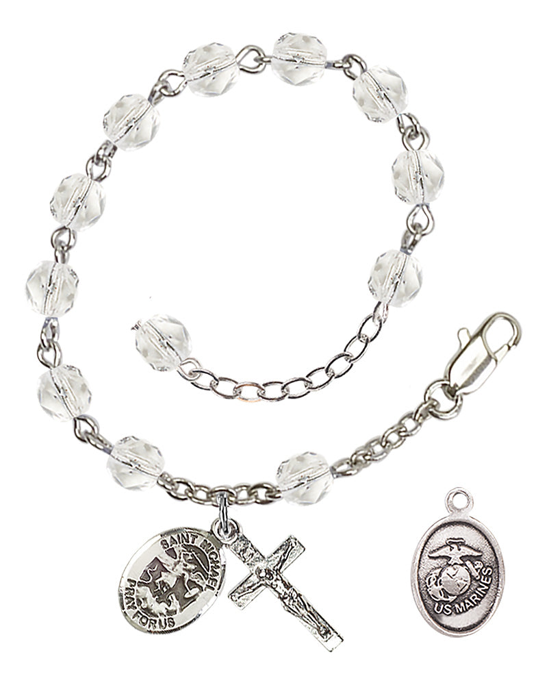 Saint Michael Marines Rosary Bracelet, 6mm Fire Polished - Silver Plate - Crystal