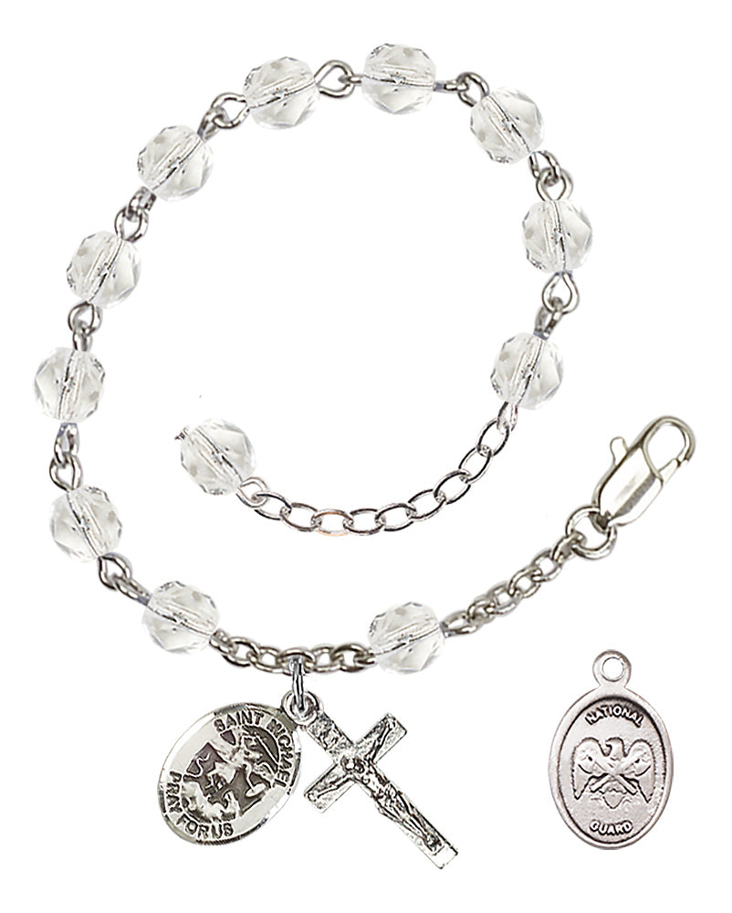 Saint Michael National Guard Rosary Bracelet, 6mm Fire Polished - Silver Plate - Crystal