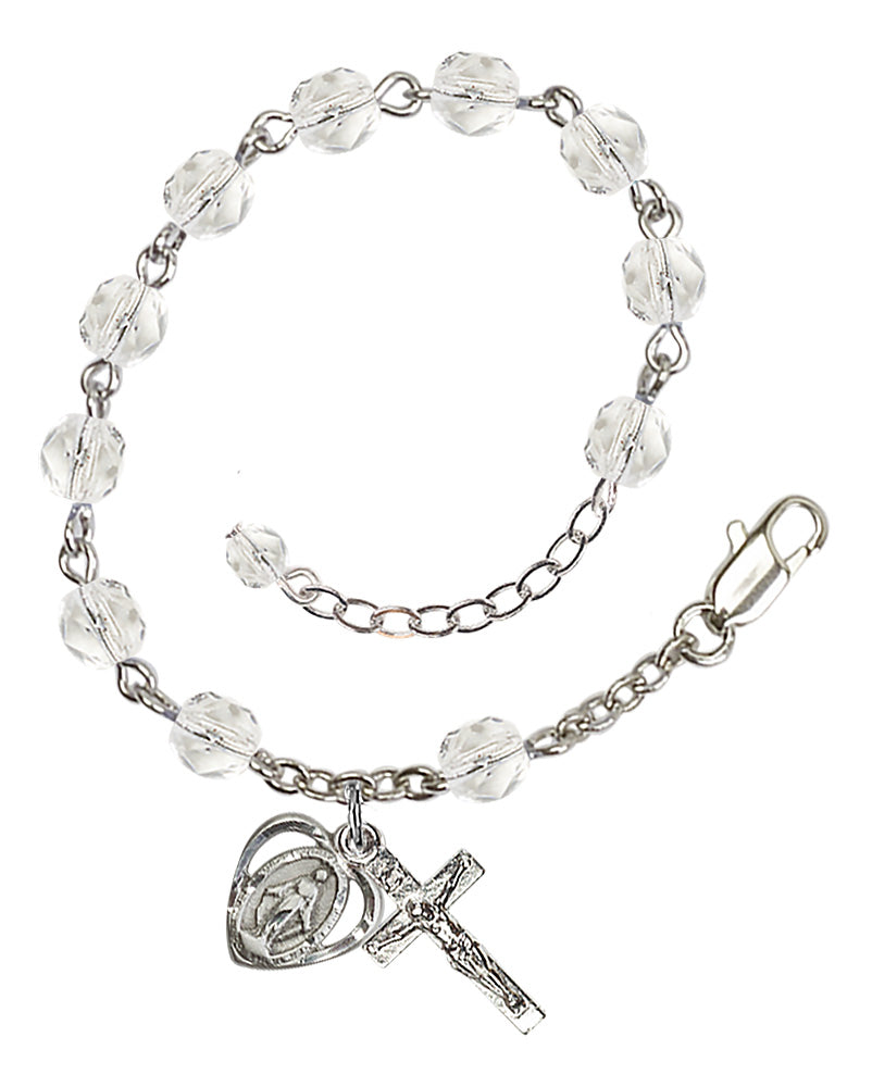6mm Fire Polished Miraculous Heart Rosary Bracelet - Silver Plate - April - Crystal