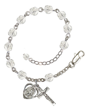 6mm Fire Polished Miraculous Heart Rosary Bracelet - Silver Plate - April - Crystal