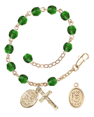 Saint Michael Air Force Rosary Bracelet, 6mm Fire Polished - Gold Plate - Emerald