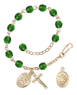 Saint Michael Marines Rosary Bracelet, 6mm Fire Polished - Gold Plate - Emerald