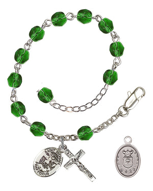 Saint Michael Air Force Rosary Bracelet, 6mm Fire Polished - Silver Plate - Emerald