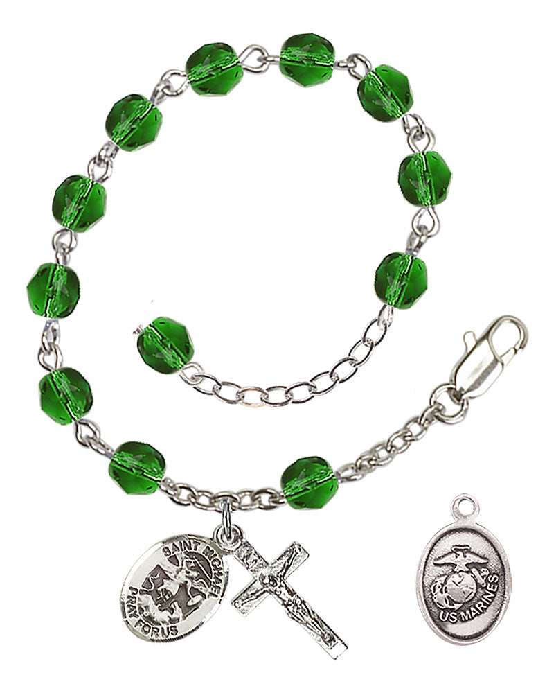 Saint Michael Marines Rosary Bracelet, 6mm Fire Polished - Silver Plate - Emerald