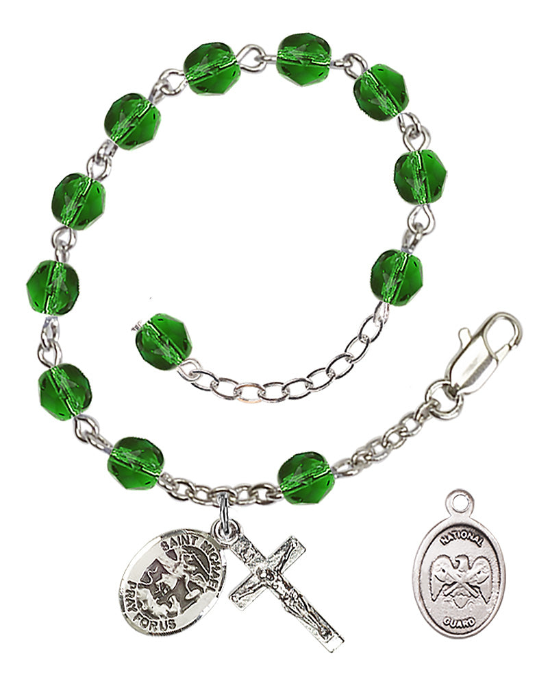 Saint Michael National Guard Rosary Bracelet, 6mm Fire Polished - Silver Plate - Emerald
