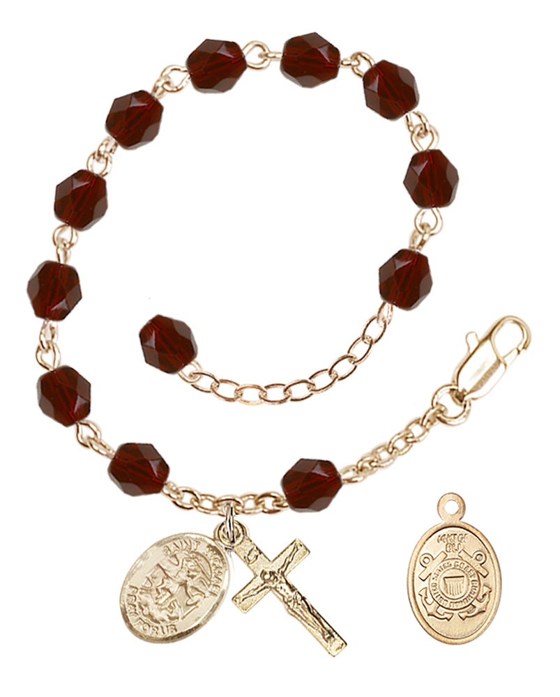 Saint Michael Coast Guard Rosary Bracelet, 6mm Fire Polished - Gold Plate - Garnet