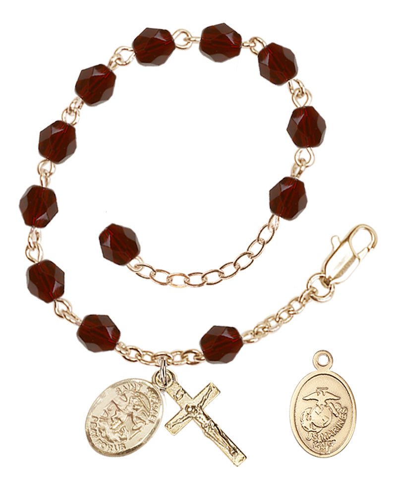 Saint Michael Marines Rosary Bracelet, 6mm Fire Polished - Gold Plate - Garnet