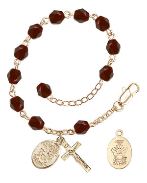 Saint Michael Navy Rosary Bracelet, 6mm Fire Polished - Gold Plate - Garnet