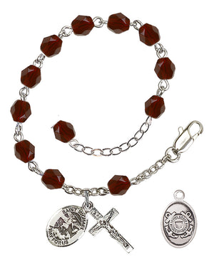 Saint Michael Coast Guard Rosary Bracelet, 6mm Fire Polished - Silver Plate - Garnet
