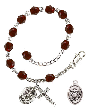 Saint Michael Marines Rosary Bracelet, 6mm Fire Polished - Silver Plate - Garnet